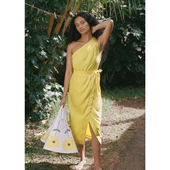Anthropologie One-Shoulder Linen Dress Size 10 Yellow Wrap Dress - Picture 1 of 11